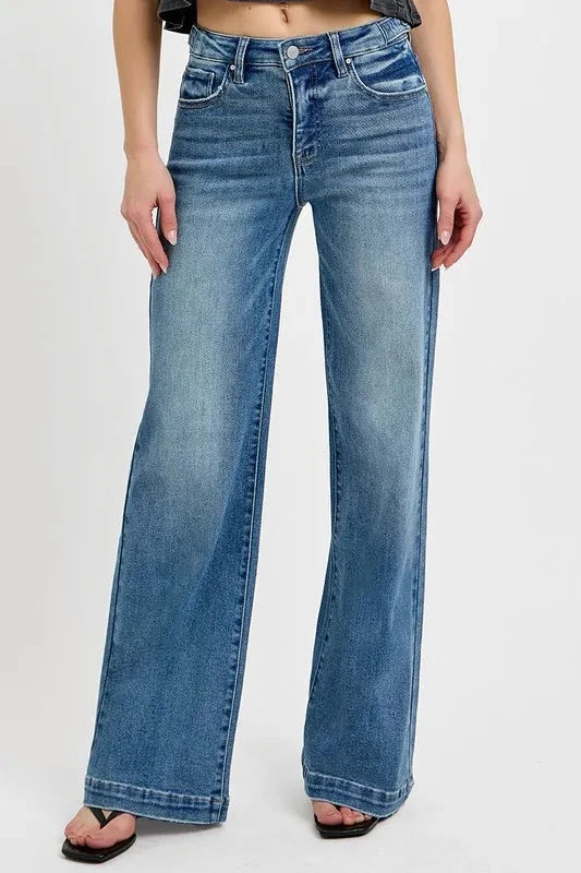 RISEN Plus Size Tummy Control High Rise Wide Adjustable Waist Band Jeans Pants jehouze 