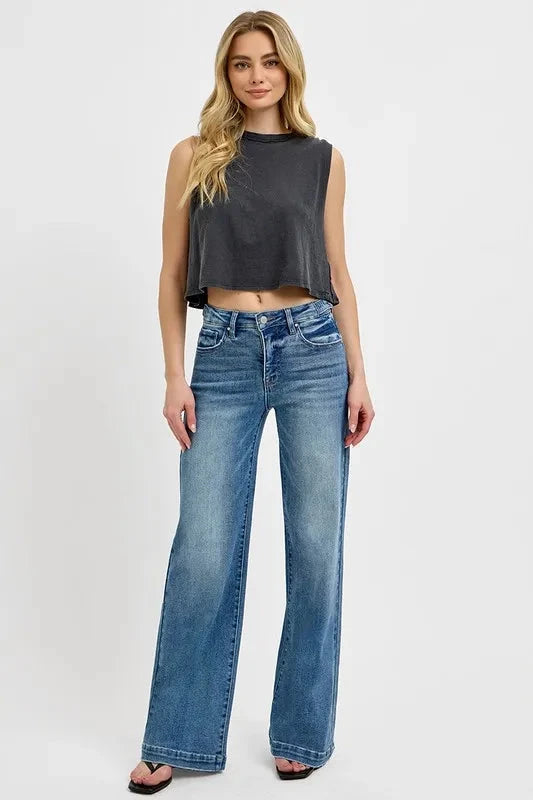 RISEN Plus Size Tummy Control High Rise Wide Adjustable Waist Band Jeans Pants jehouze Medium 0 