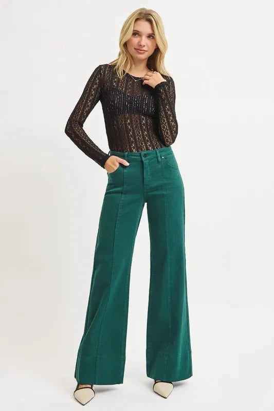 RISEN Plus Size Tummy Control Mid Rise Wide Leg Jeans Pants jehouze HUNTER GREEN 0 