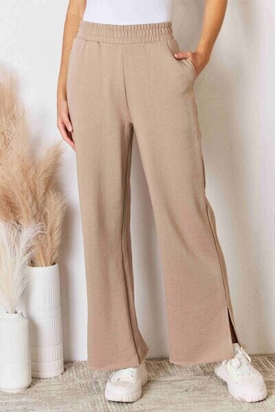 RISEN Sand Wide Waistband Slit Wide Leg Pants Pants jehouze Sand S 