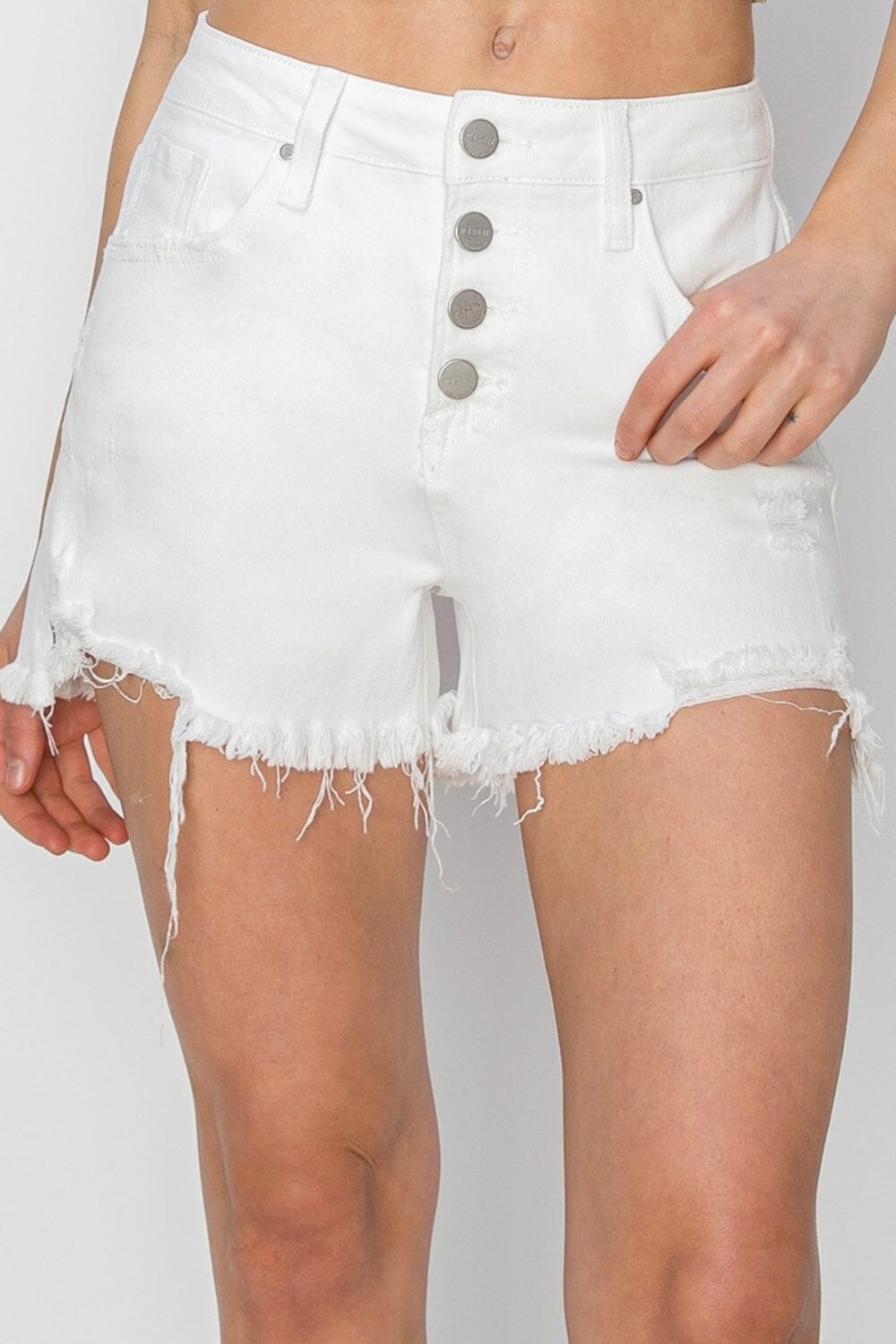 RISEN White Button Fly Frayed Hem Denim Shorts Shorts jehouze 