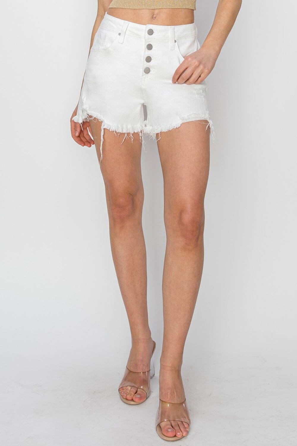 RISEN White Button Fly Frayed Hem Denim Shorts Shorts jehouze 