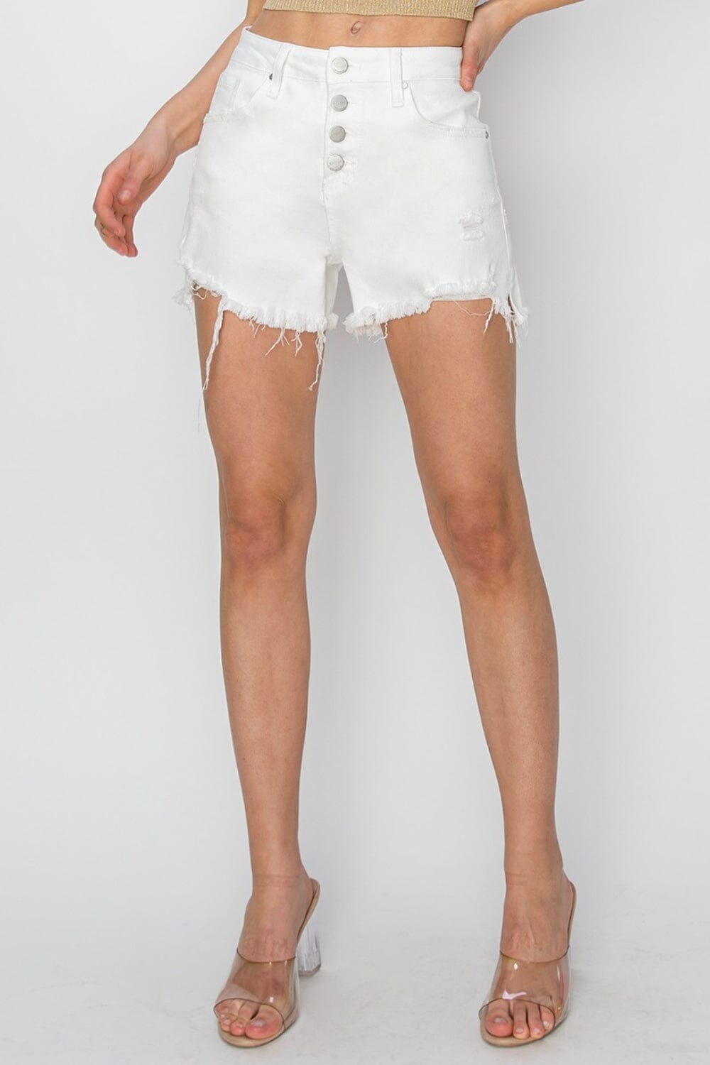 RISEN White Button Fly Frayed Hem Denim Shorts Shorts jehouze 