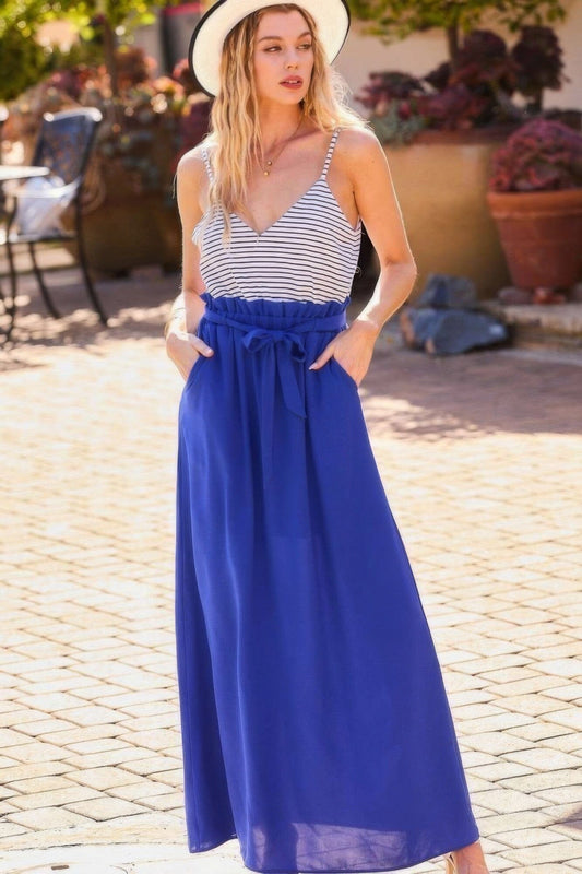 Royal Blue Striped Cami Sol Top Hi-waist Skirt Side Pocket Maxi Dress Dresses jehouze S 