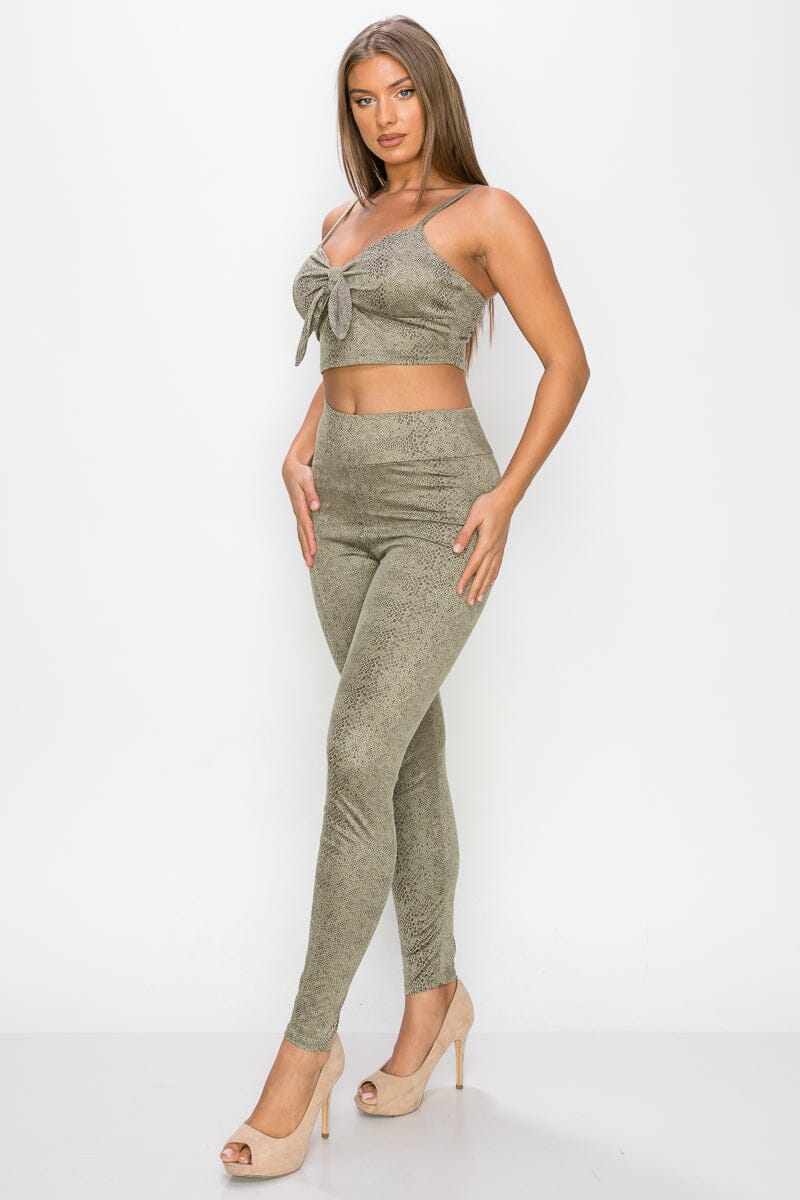 Sage Green Embossed Snake Print Top And Leggings Set Outfit Sets jehouze 