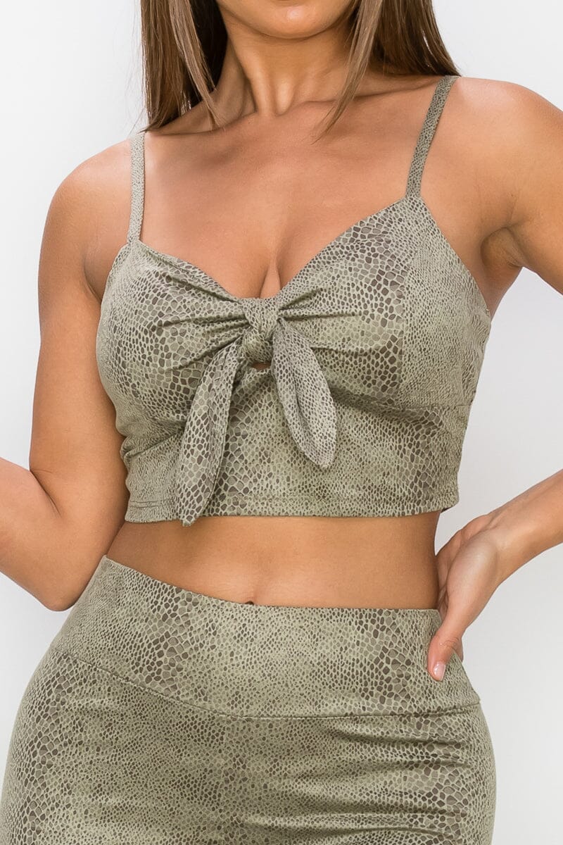 Sage Green Embossed Snake Print Top And Leggings Set Outfit Sets jehouze 