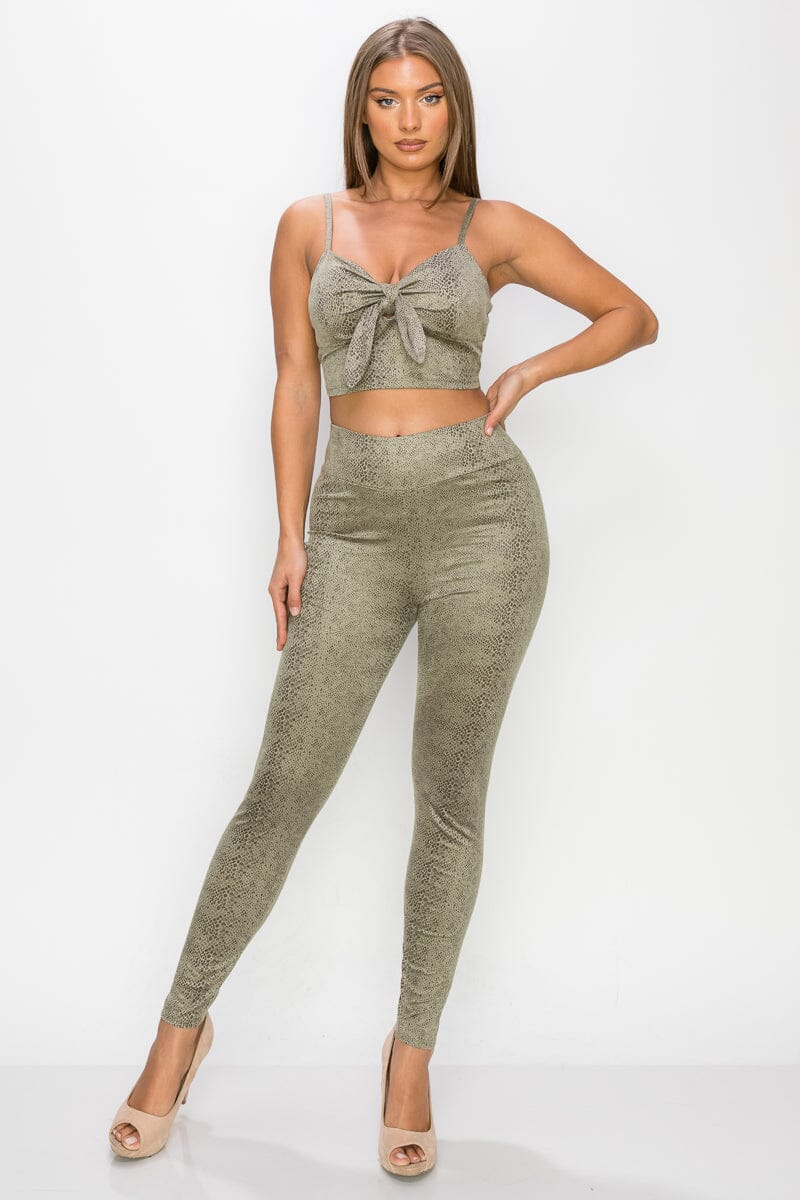 Sage Green Embossed Snake Print Top And Leggings Set Outfit Sets jehouze L 