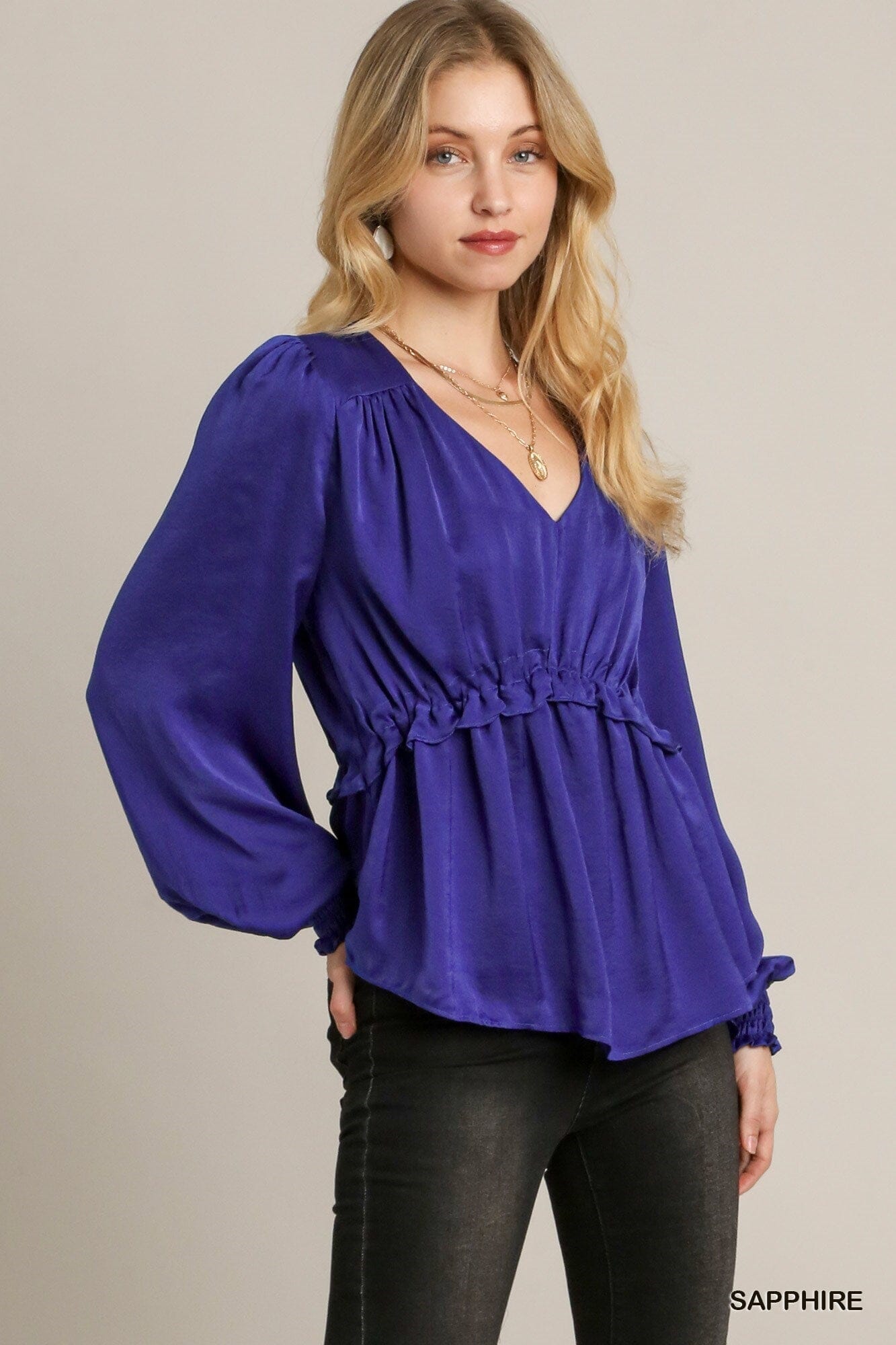 Sapphire Blue Cuffed Long Sleeve Satin V-neck Ruffle Baby Doll Top Shirts & Tops jehouze 