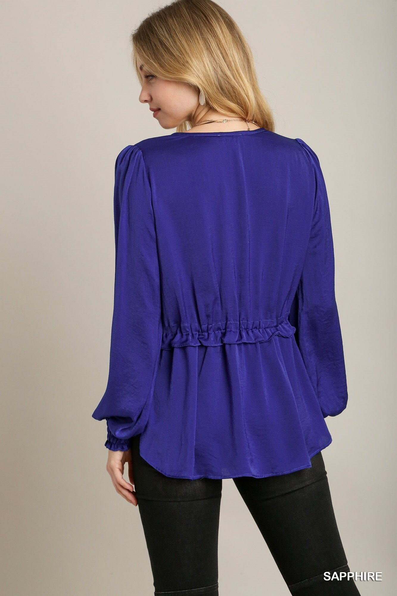 Sapphire Blue Cuffed Long Sleeve Satin V-neck Ruffle Baby Doll Top Shirts & Tops jehouze 