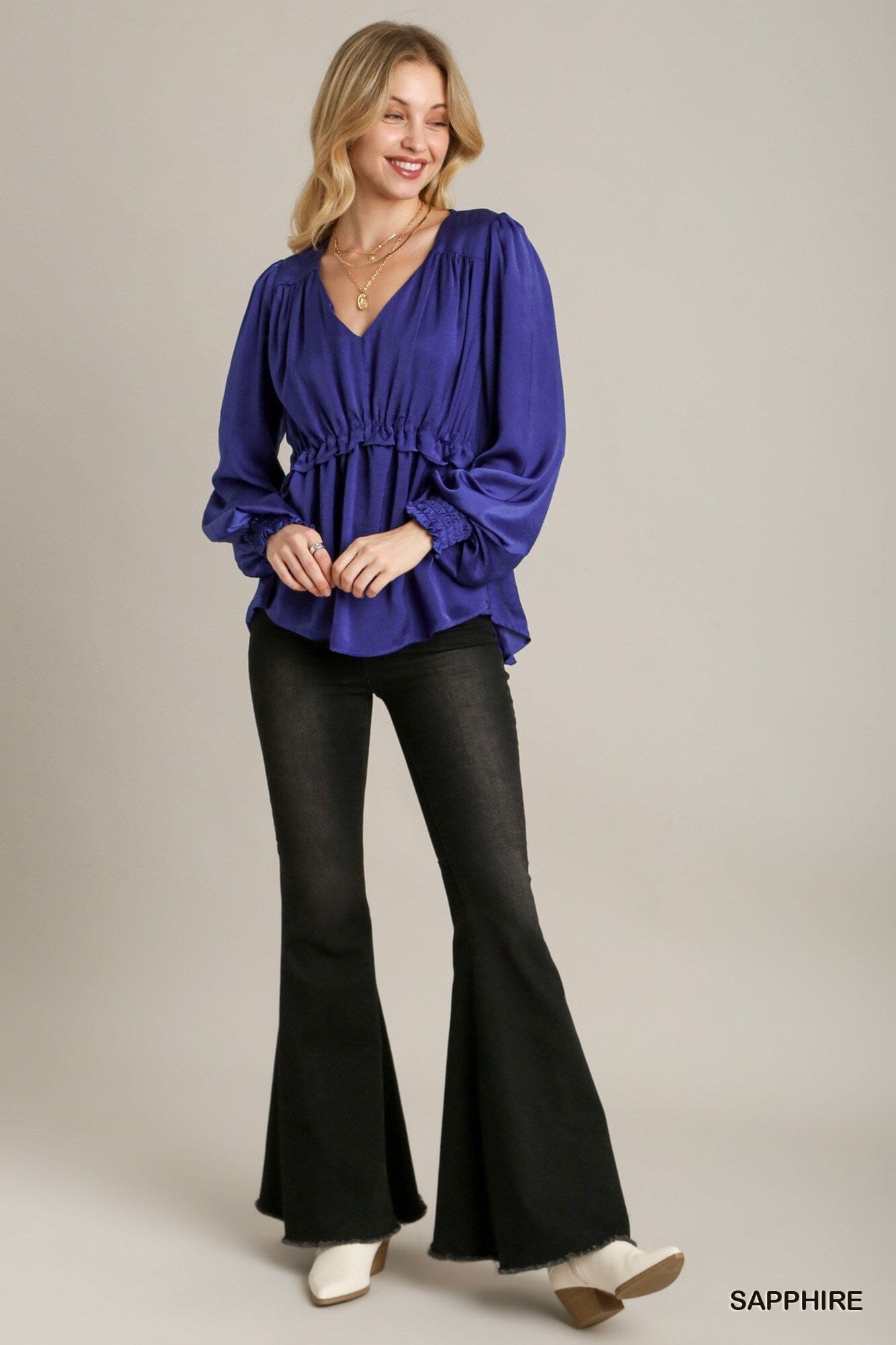 Sapphire Blue Cuffed Long Sleeve Satin V-neck Ruffle Baby Doll Top Shirts & Tops jehouze 