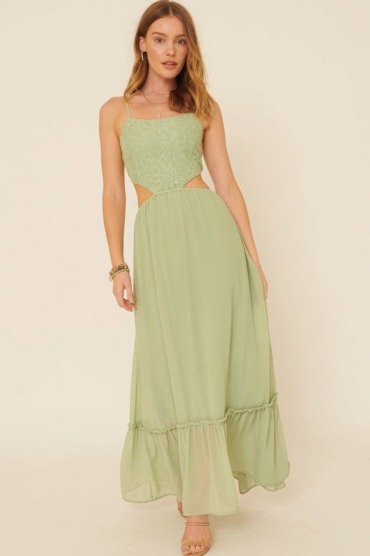 Seagrass Green Sheer Chiffon Floral Lace Side Cutout Maxi Dress Dresses jehouze S 