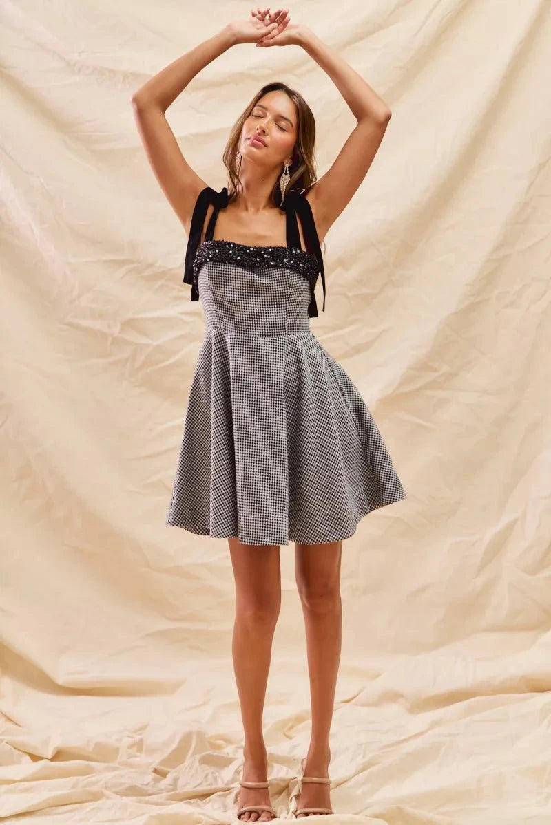 SO ME Houndstooth Fit Flare Mini Dress with Shoulder Tie Dresses jehouze 