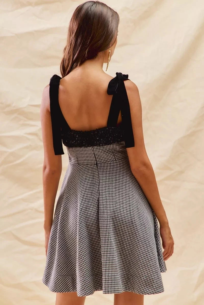 SO ME Houndstooth Fit Flare Mini Dress with Shoulder Tie Dresses jehouze 