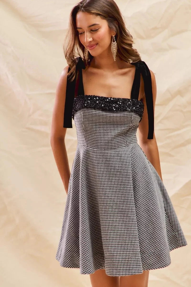 SO ME Houndstooth Fit Flare Mini Dress with Shoulder Tie Dresses jehouze 