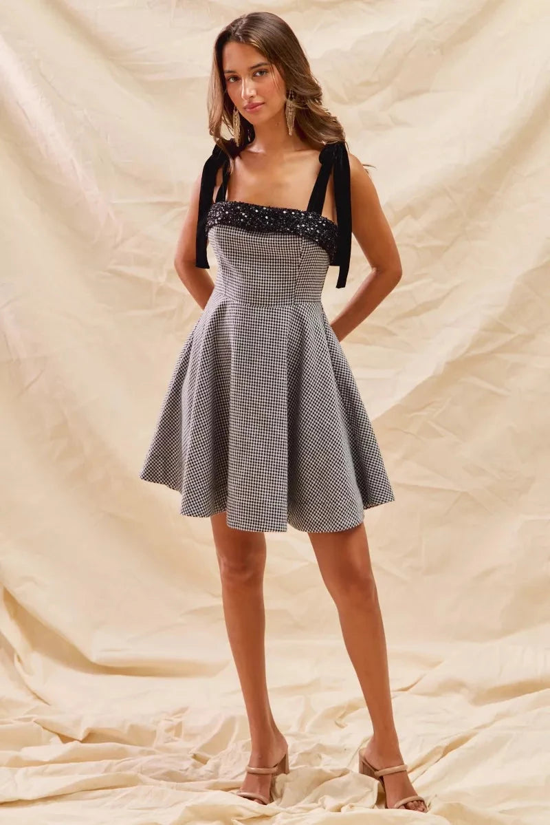 SO ME Houndstooth Fit Flare Mini Dress with Shoulder Tie Dresses jehouze 
