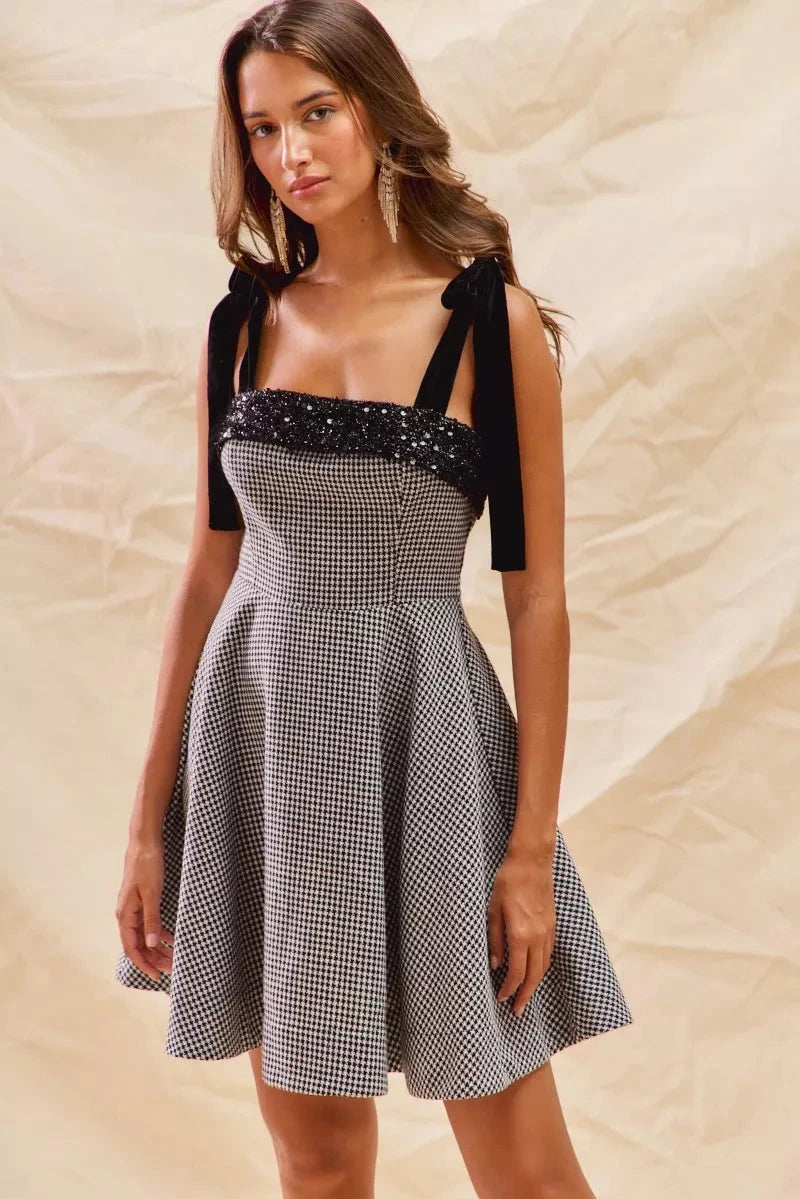 SO ME Houndstooth Fit Flare Mini Dress with Shoulder Tie Dresses jehouze 
