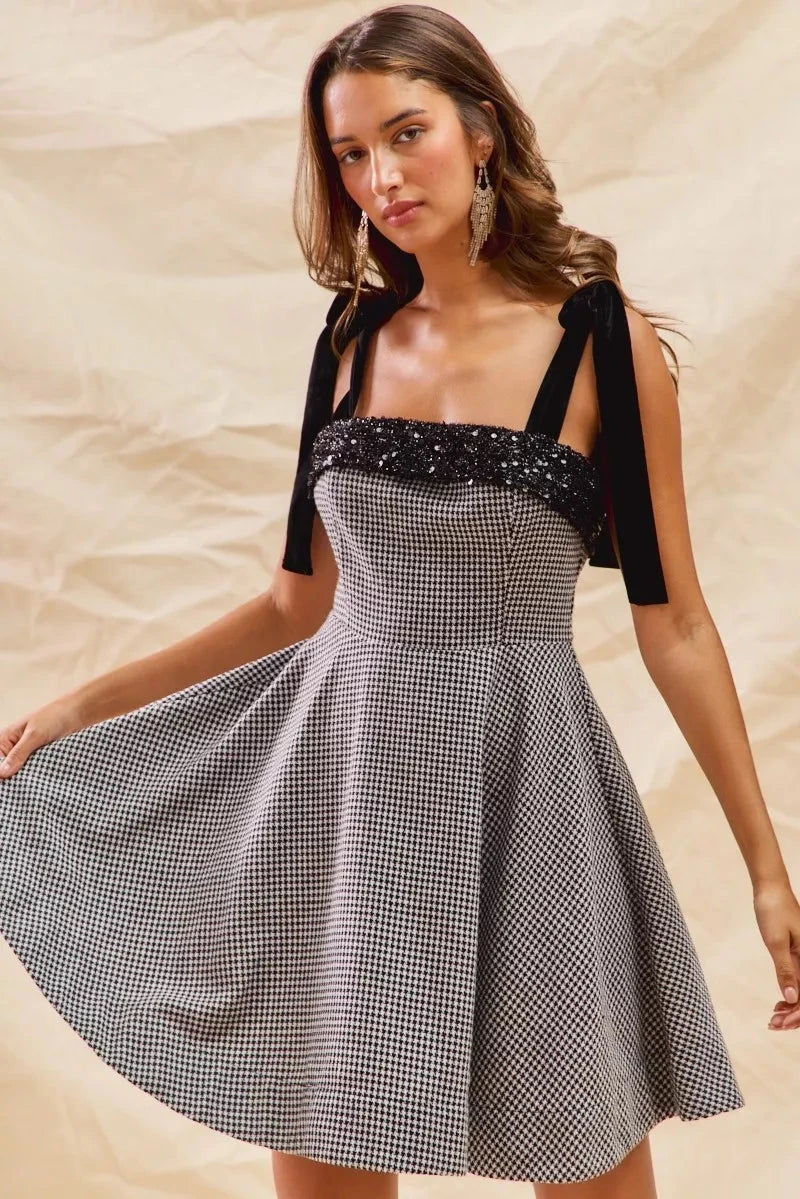 SO ME Houndstooth Fit Flare Mini Dress with Shoulder Tie Dresses jehouze 