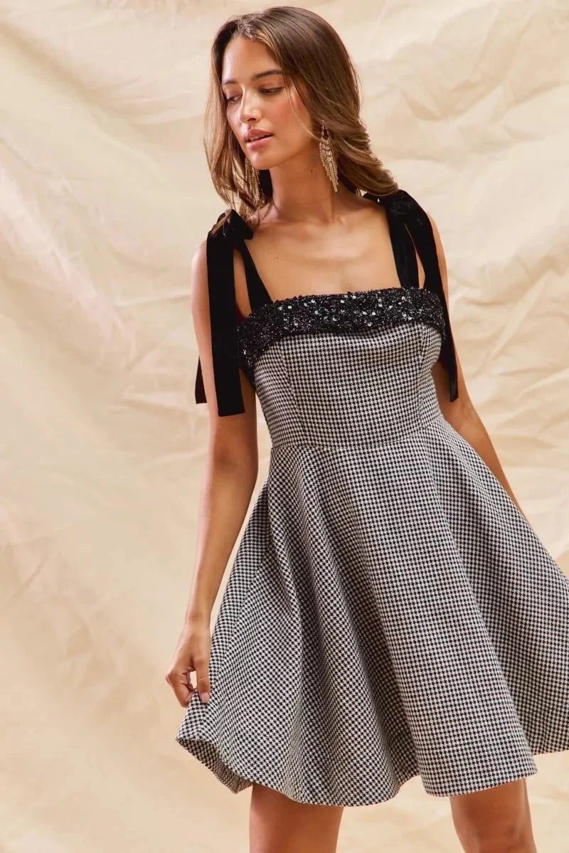 SO ME Houndstooth Fit Flare Mini Dress with Shoulder Tie Dresses jehouze 
