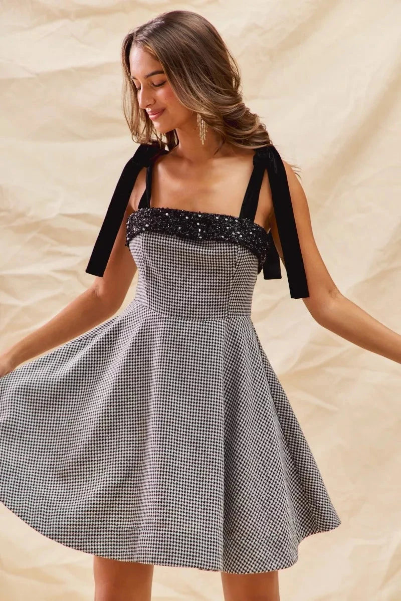 SO ME Houndstooth Fit Flare Mini Dress with Shoulder Tie Dresses jehouze 