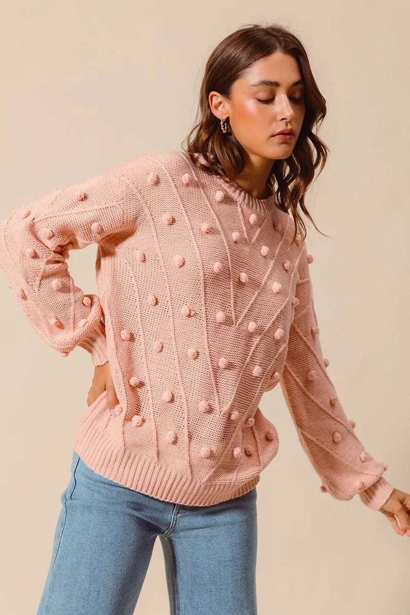 SO ME Pom Pom Textured Knit Sweater Top Shirts & Tops jehouze 