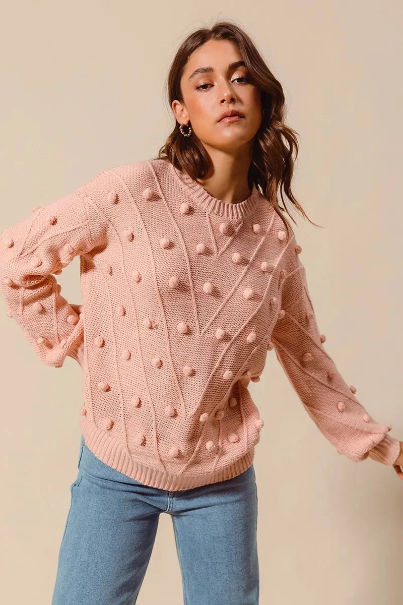SO ME Pom Pom Textured Knit Sweater Top Shirts & Tops jehouze 