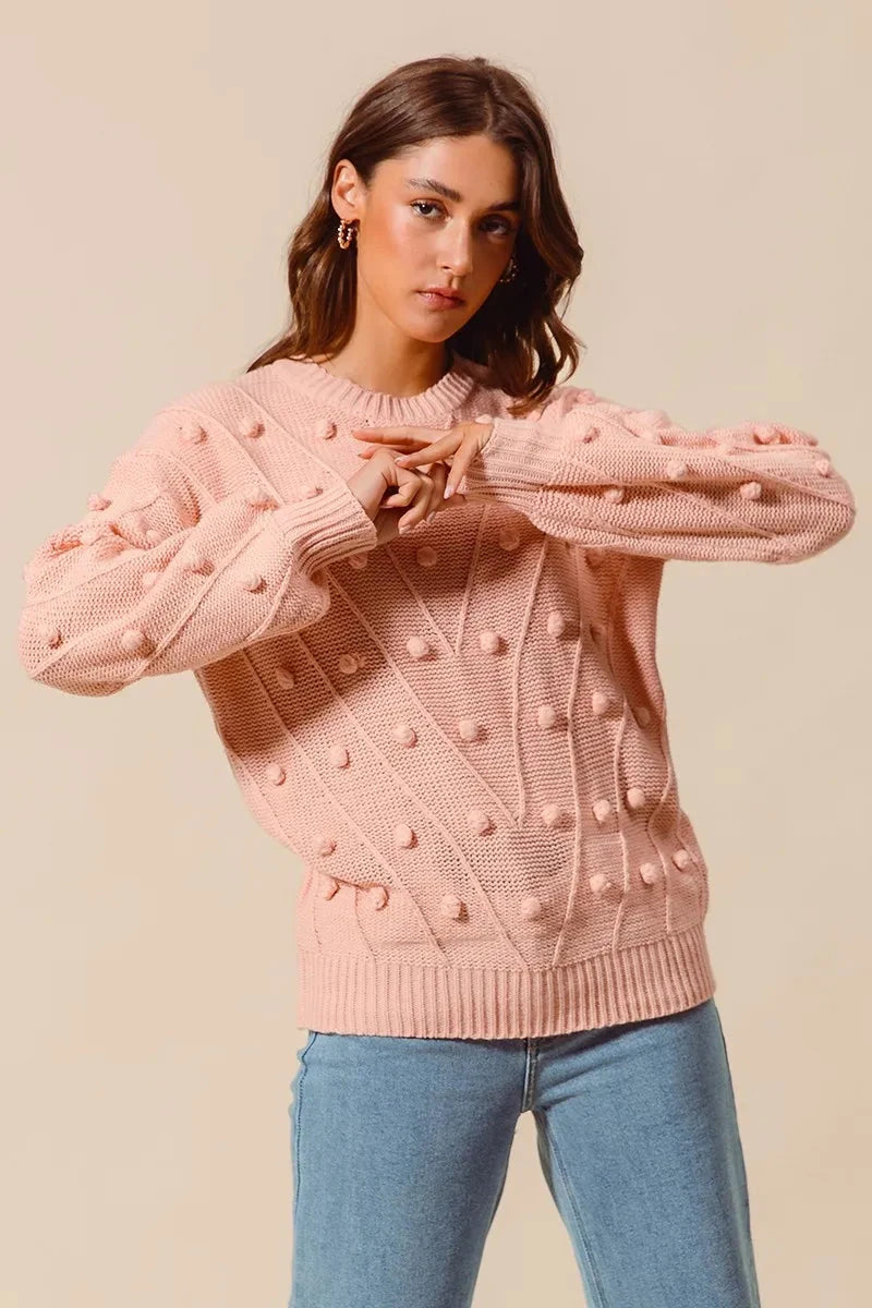 SO ME Pom Pom Textured Knit Sweater Top Shirts & Tops jehouze 
