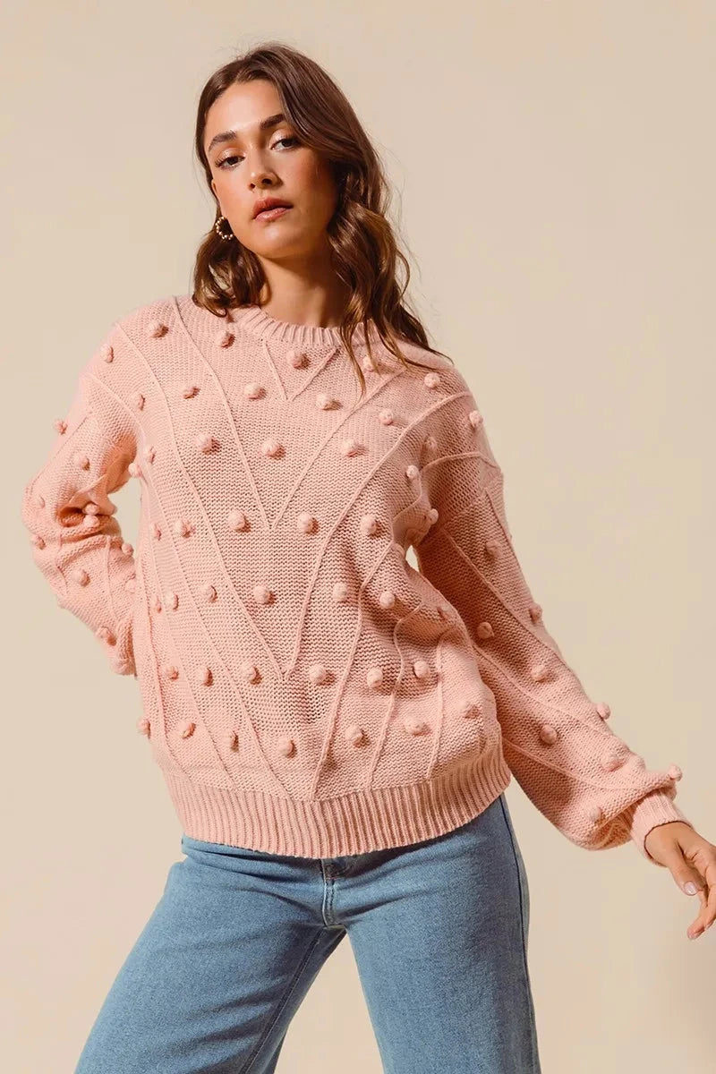 SO ME Pom Pom Textured Knit Sweater Top Shirts & Tops jehouze 