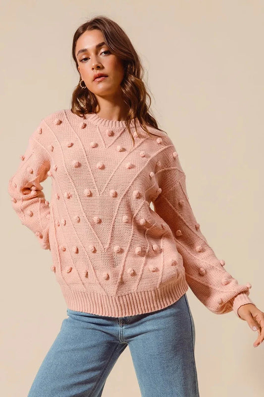 SO ME Pom Pom Textured Knit Sweater Top Shirts & Tops jehouze 