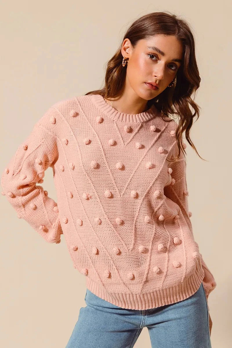 SO ME Pom Pom Textured Knit Sweater Top Shirts & Tops jehouze 