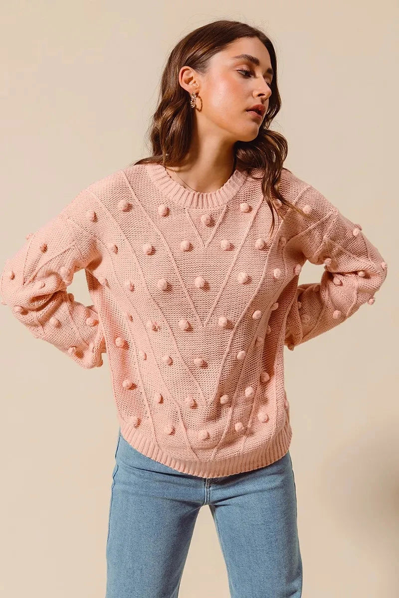 SO ME Pom Pom Textured Knit Sweater Top Shirts & Tops jehouze 