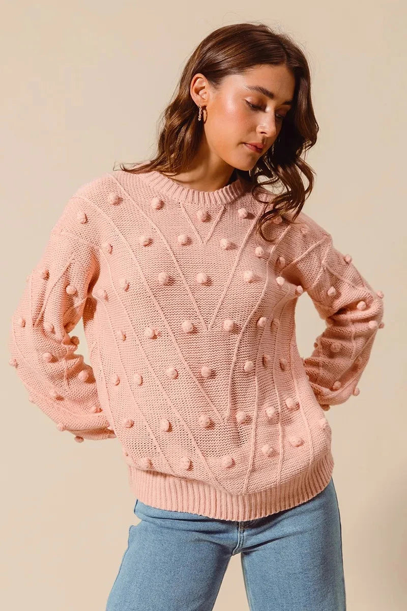 SO ME Pom Pom Textured Knit Sweater Top Shirts & Tops jehouze 