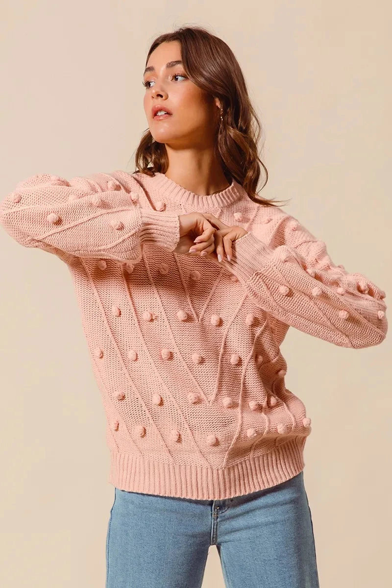 SO ME Pom Pom Textured Knit Sweater Top Shirts & Tops jehouze BLUSH S 