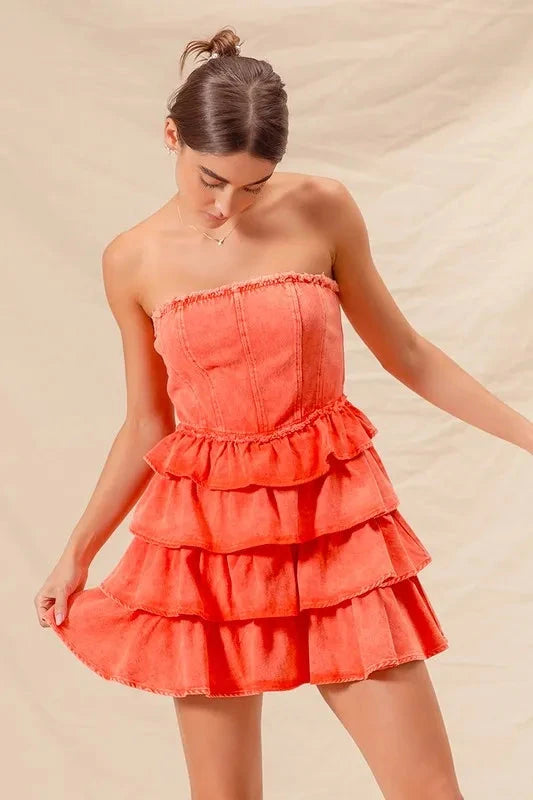 SO ME Strapless Ruffle Layered Game Day Cheer Up Dress Dresses jehouze ORANGE S 