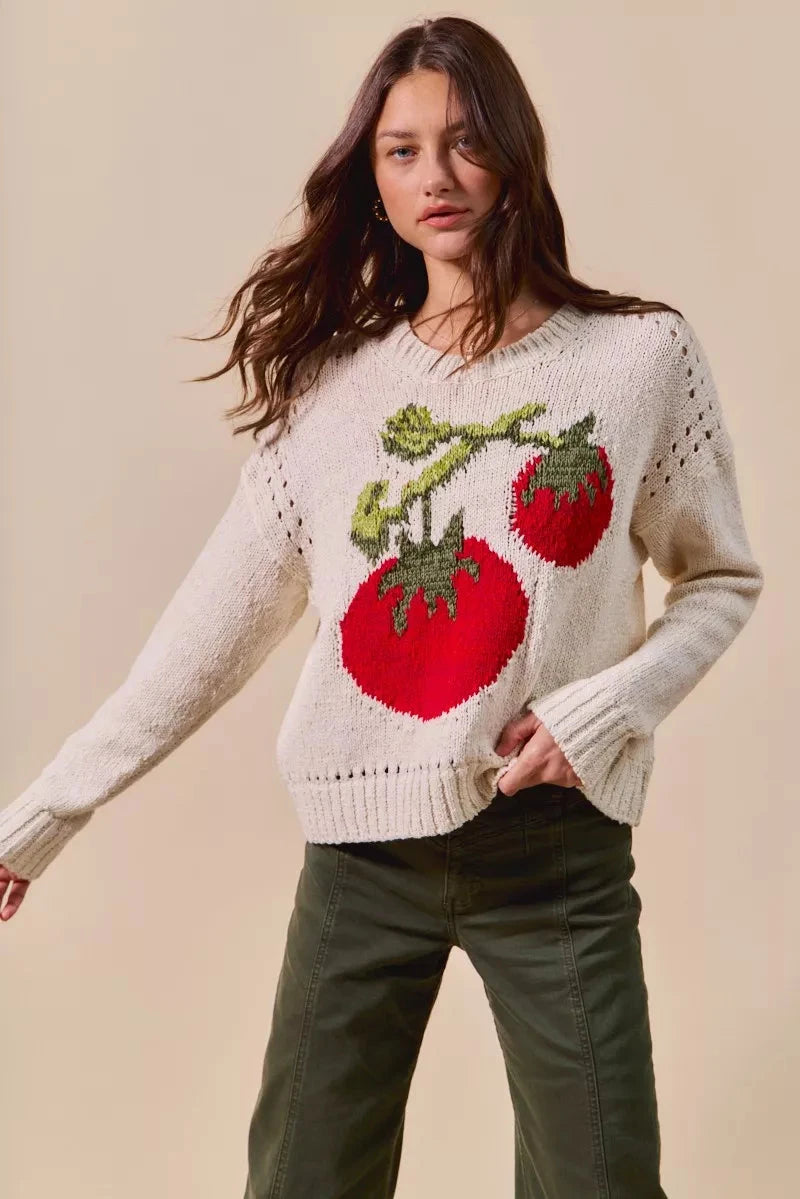 SO ME Vegetable Round Neck Long Sleeve Sweater Shirts & Tops jehouze 