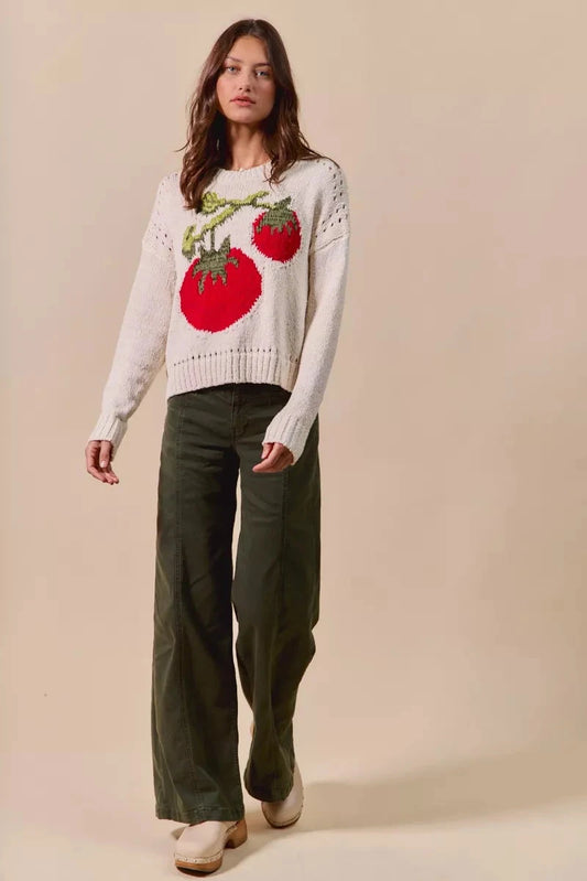 SO ME Vegetable Round Neck Long Sleeve Sweater Shirts & Tops jehouze CREAM MULTI S 