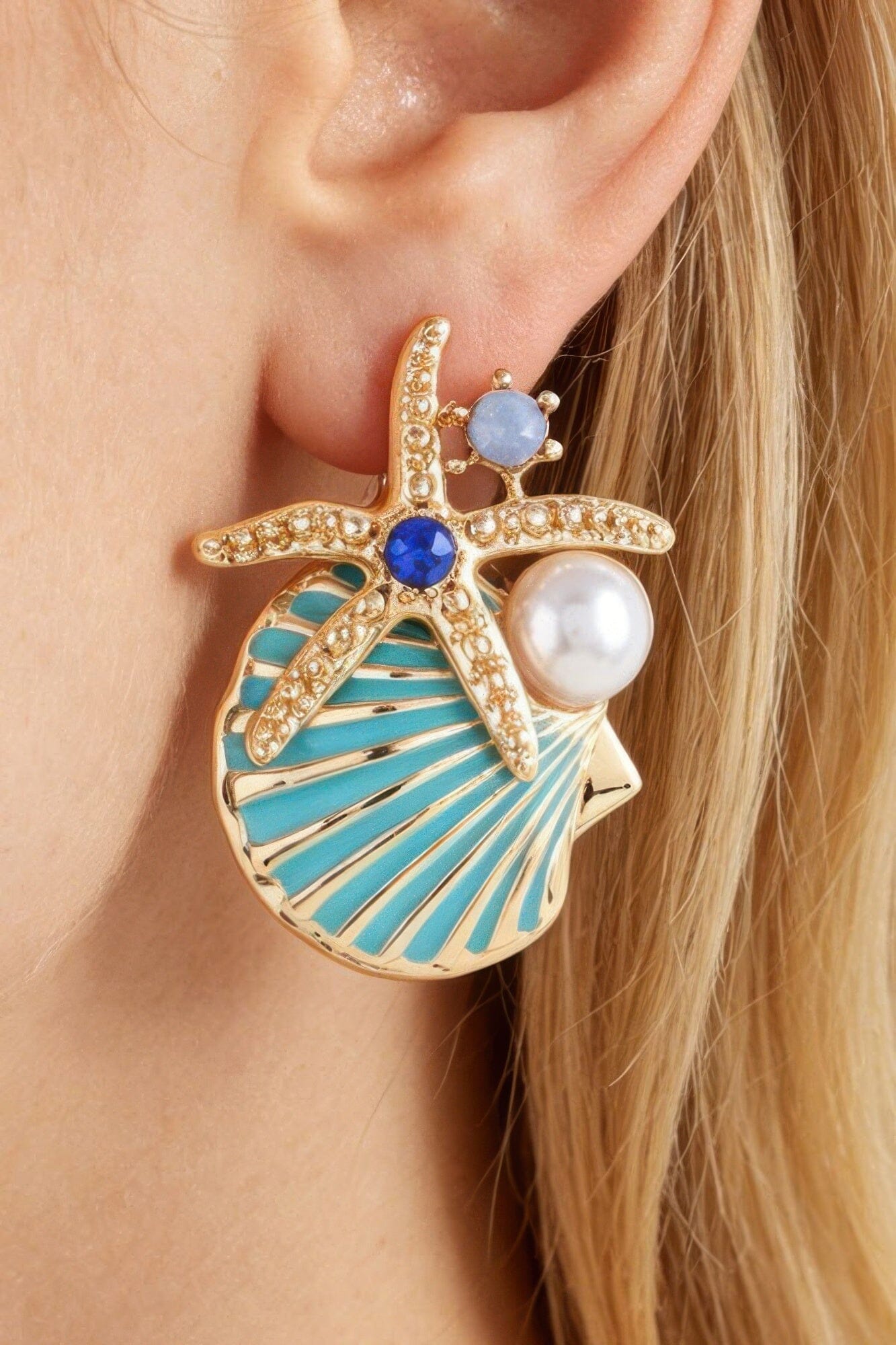 Summer Starfish Shell Stud Earrings Apparel & Accessories > Jewelry > Earrings jehouze Gold Aqua 
