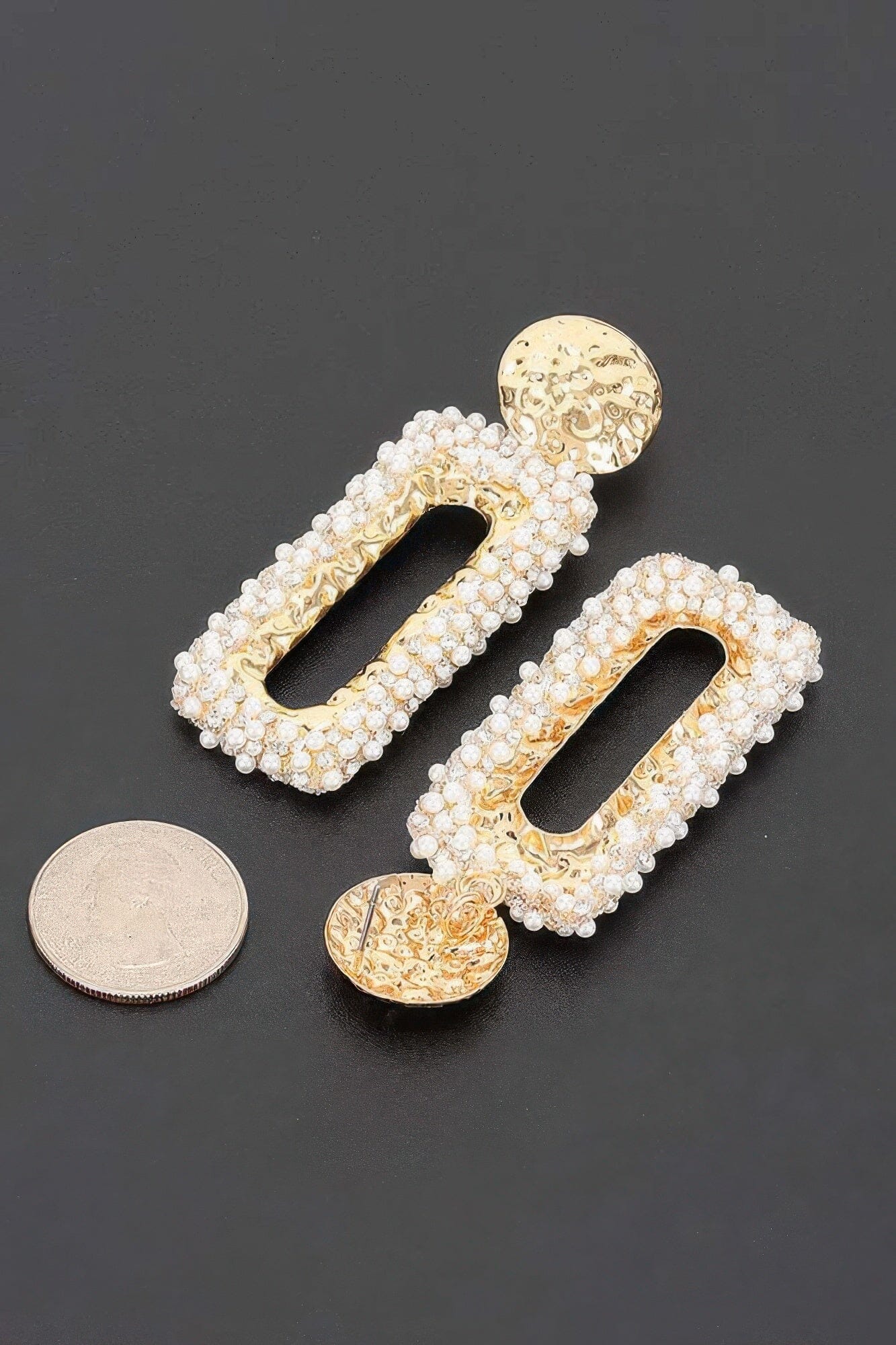 Textured Gold Disc And Pearl-encrusted Rectangular Drop Earr Apparel & Accessories > Jewelry > Earrings jehouze 