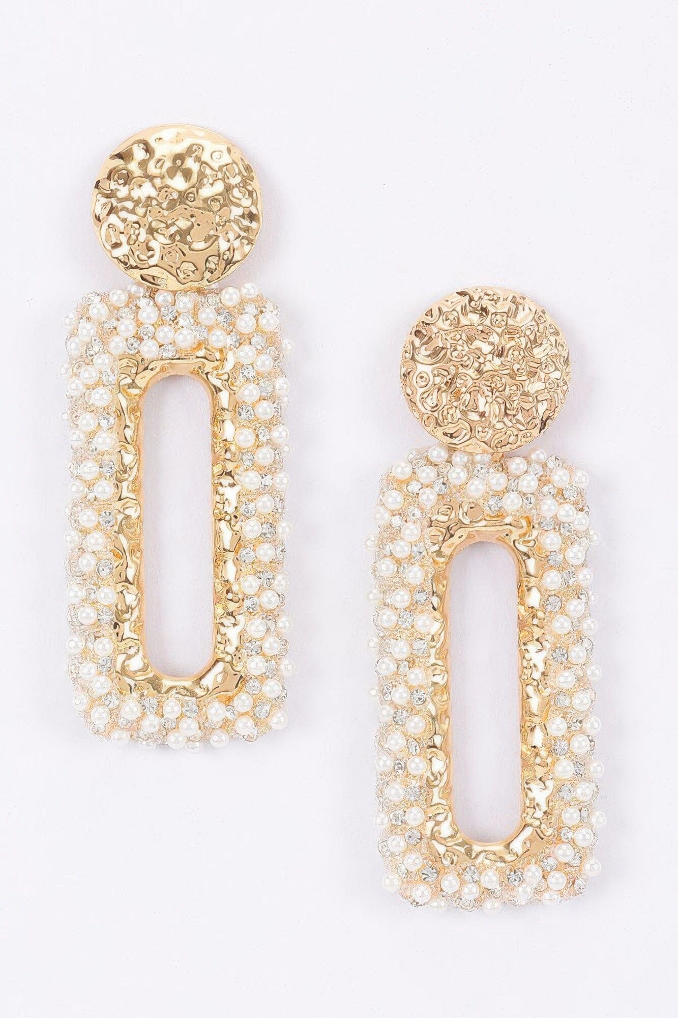 Textured Gold Disc And Pearl-encrusted Rectangular Drop Earr Apparel & Accessories > Jewelry > Earrings jehouze 