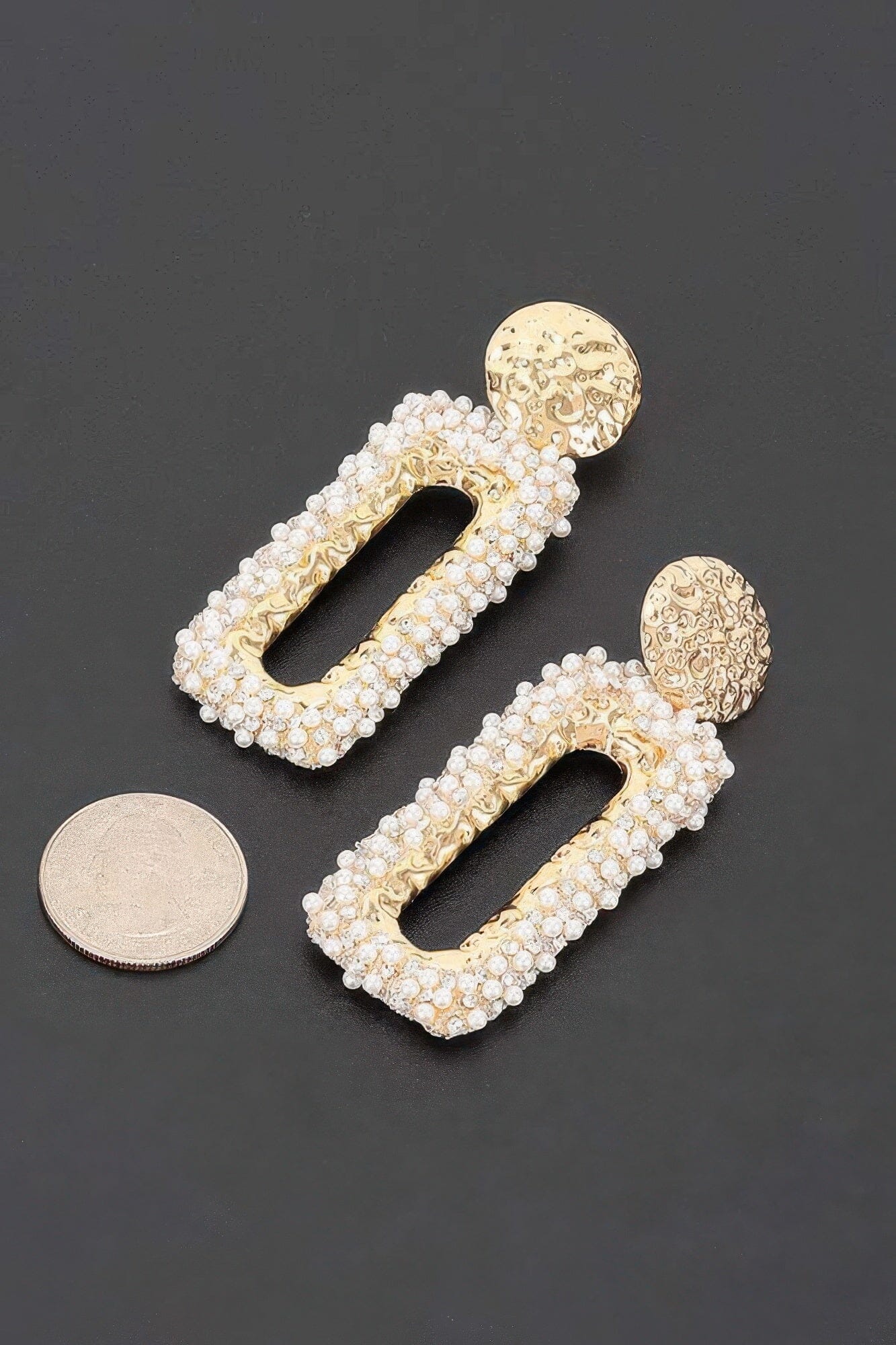 Textured Gold Disc And Pearl-encrusted Rectangular Drop Earr Apparel & Accessories > Jewelry > Earrings jehouze 