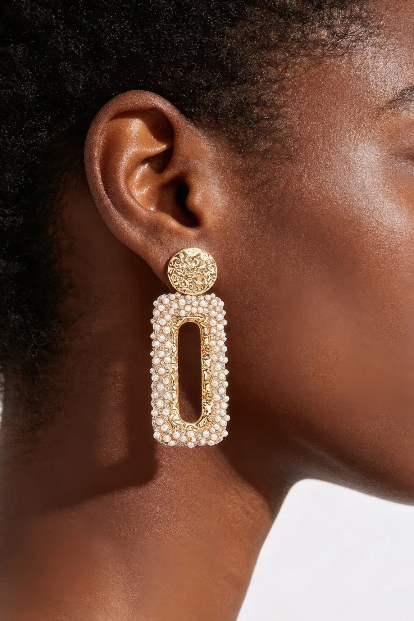 Textured Gold Disc And Pearl-encrusted Rectangular Drop Earr Apparel & Accessories > Jewelry > Earrings jehouze Gold 