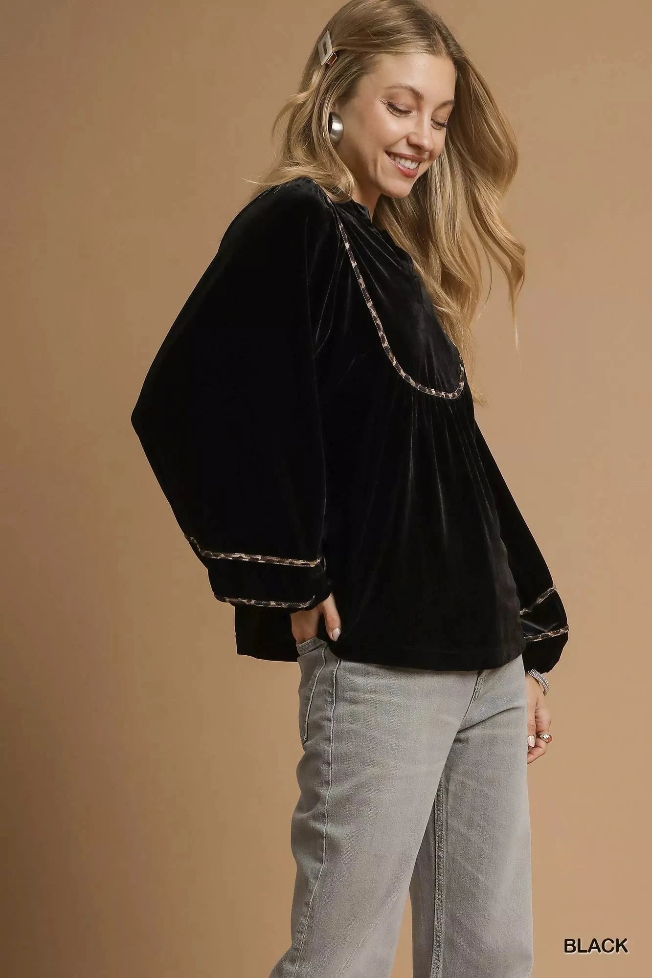 Umgee Black Velvet Long Sleeve Blouse with Contrast Trim Shirts & Tops jehouze 