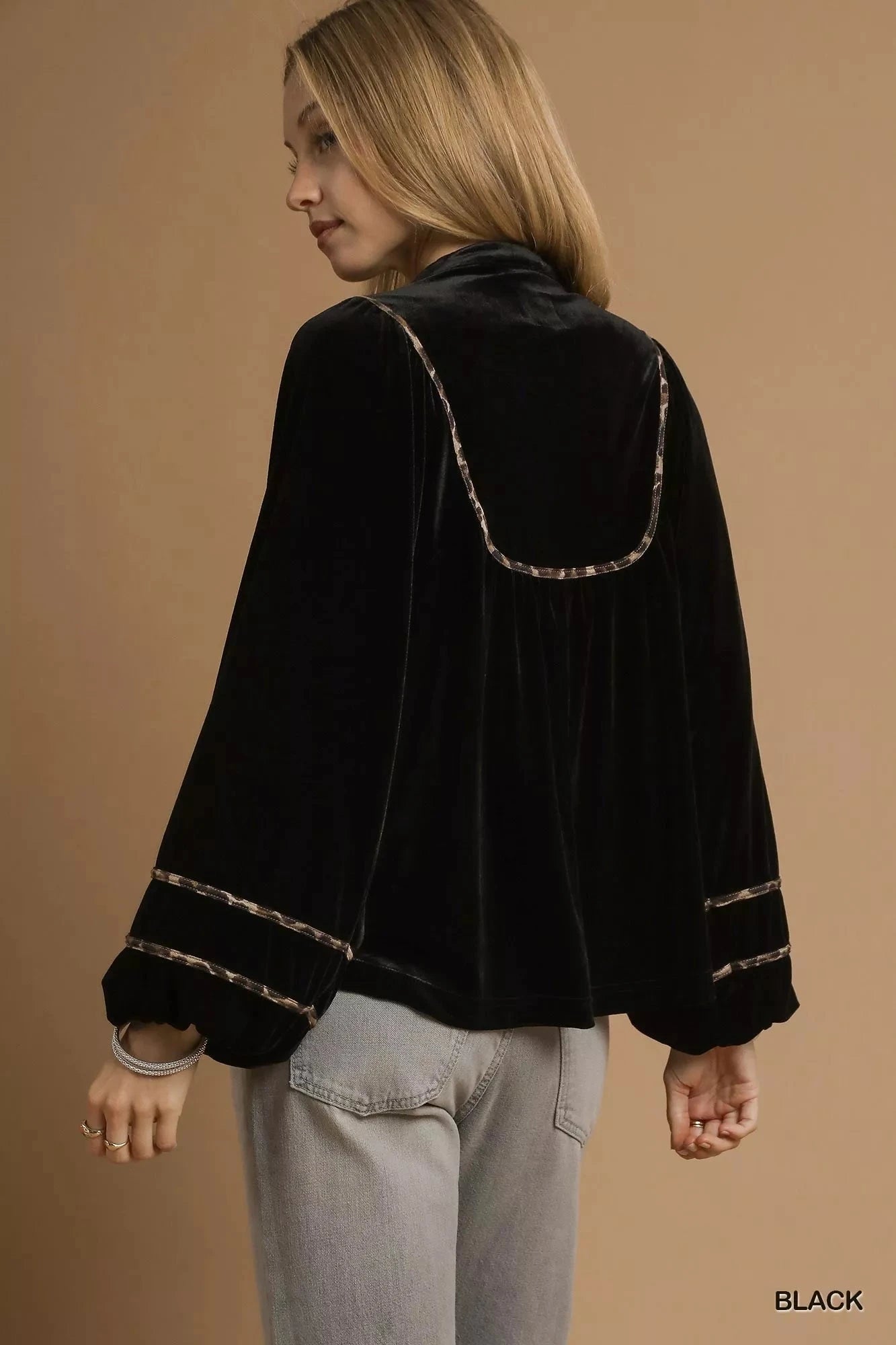 Umgee Black Velvet Long Sleeve Blouse with Contrast Trim Shirts & Tops jehouze 