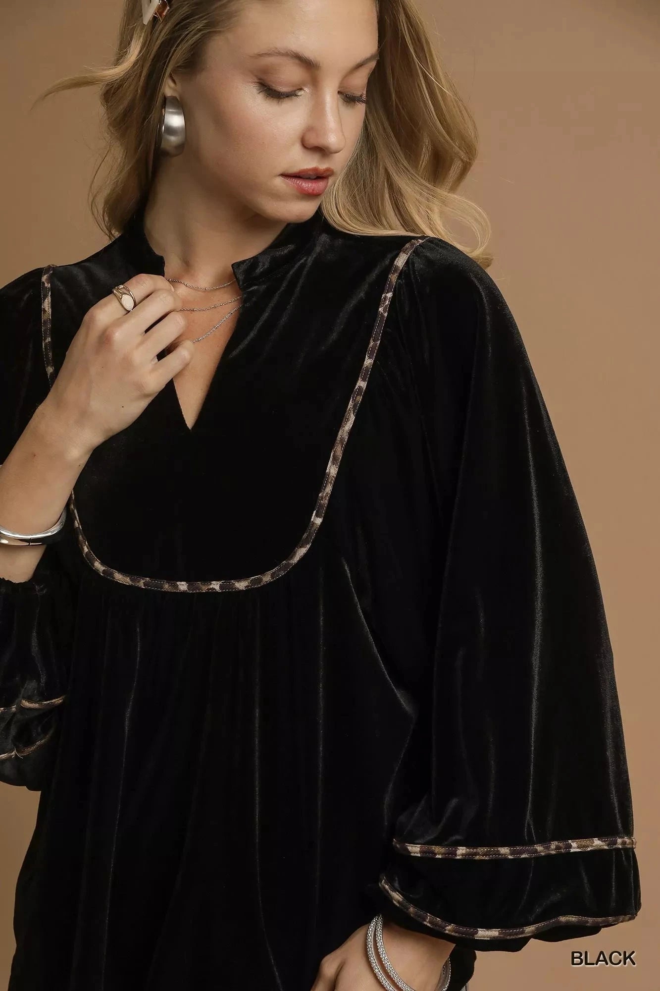 Umgee Black Velvet Long Sleeve Blouse with Contrast Trim Shirts & Tops jehouze 