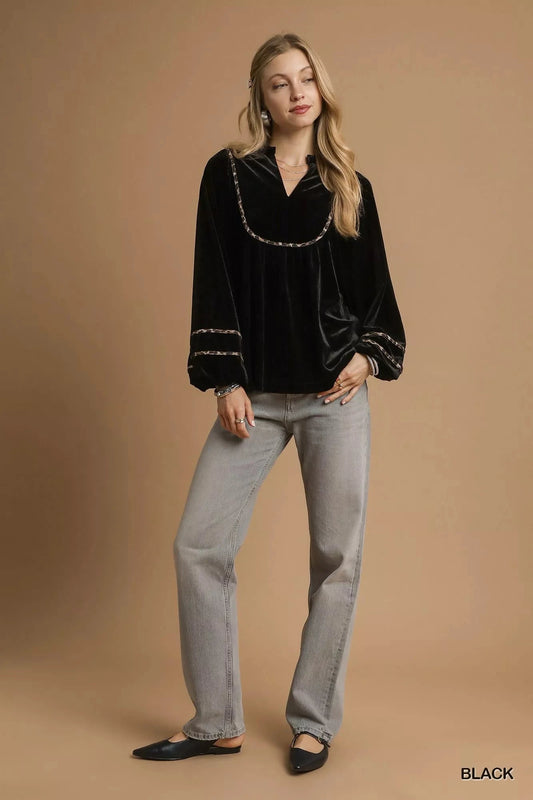 Umgee Black Velvet Long Sleeve Blouse with Contrast Trim Shirts & Tops jehouze 