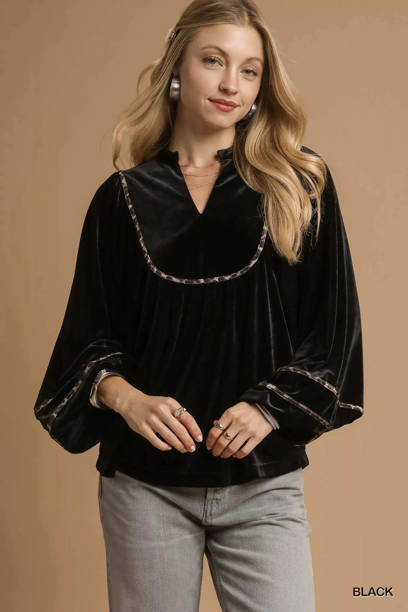 Umgee Black Velvet Long Sleeve Blouse with Contrast Trim Shirts & Tops jehouze Black S 
