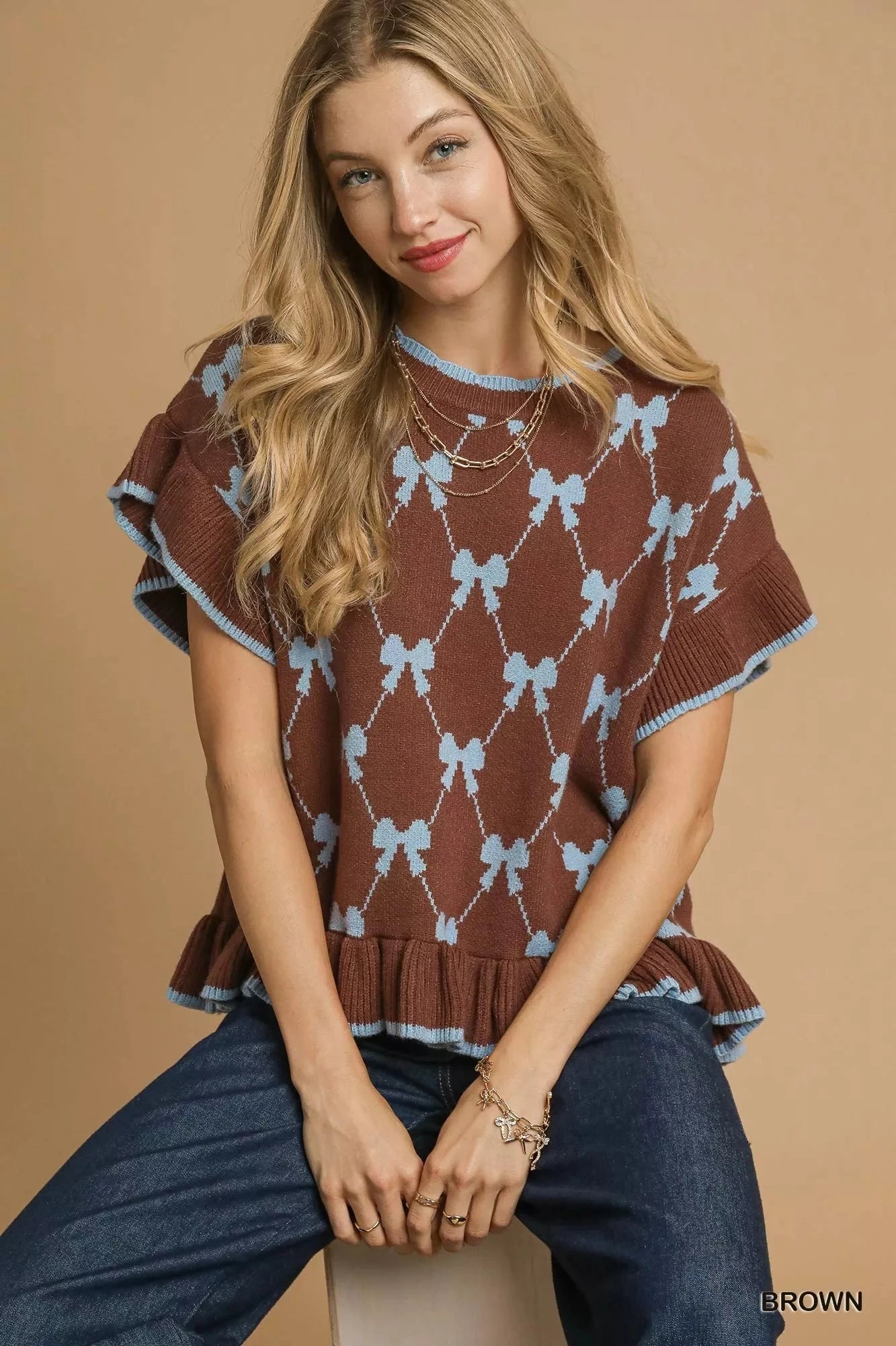 Umgee Bow Knit Ruffle Sleeve Sweater Shirts & Tops jehouze 