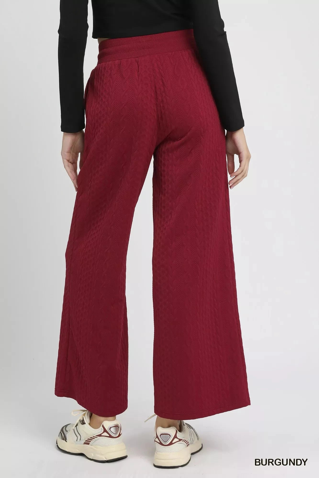 Umgee Burgundy Cable Knit Textured Wide Leg Pants Pants jehouze 