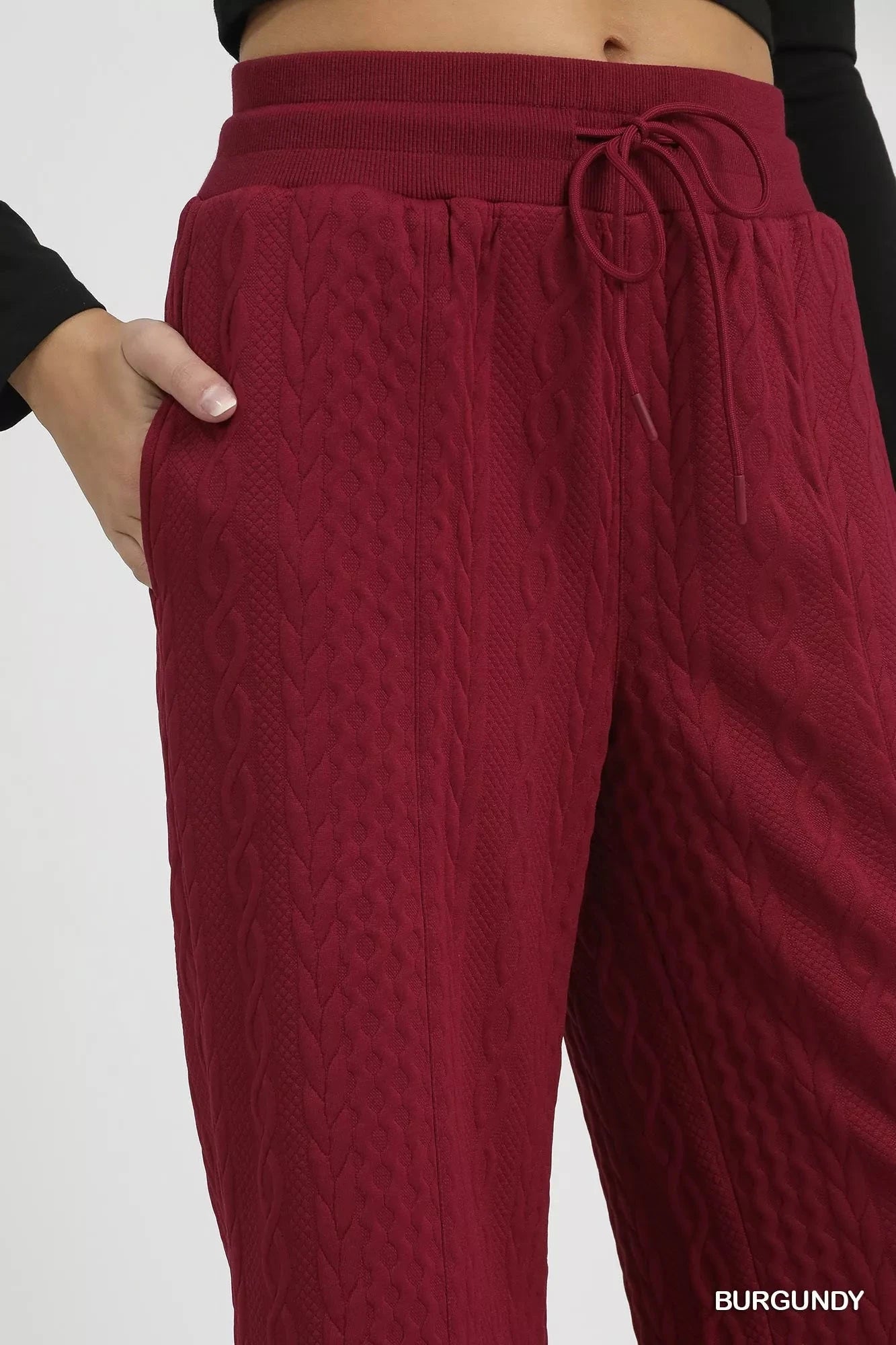 Umgee Burgundy Cable Knit Textured Wide Leg Pants Pants jehouze 
