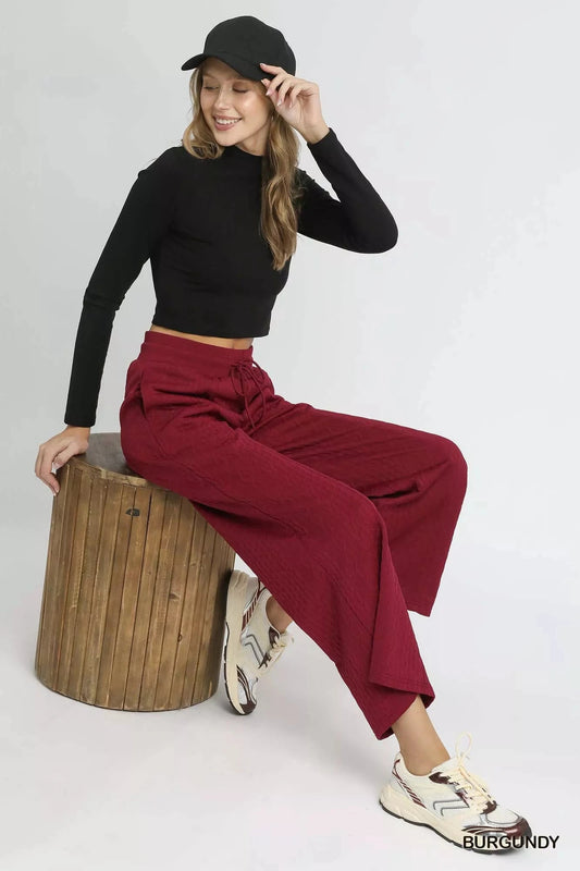 Umgee Burgundy Cable Knit Textured Wide Leg Pants Pants jehouze BURGUNDY XS 
