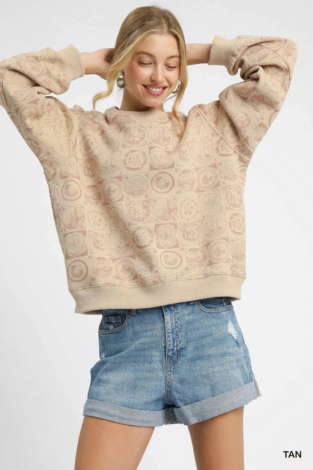 Umgee Coin Stamp Print Long Sleeve Sweatshirt Outerwear jehouze 